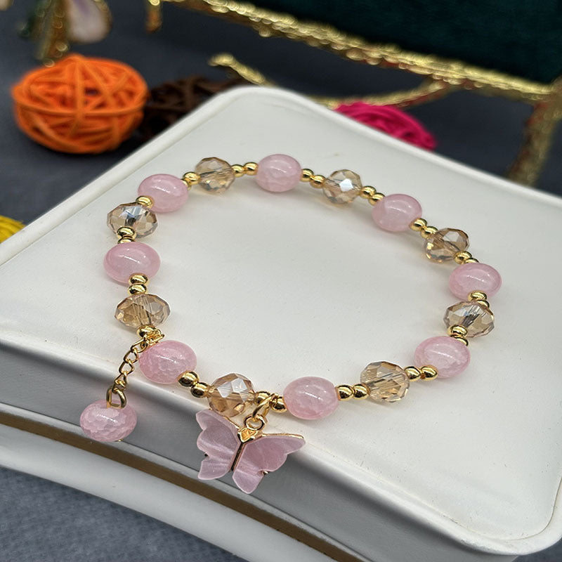 Korean-style Imitation Jade Crystal Bracelet With Butterfly And Flower Design