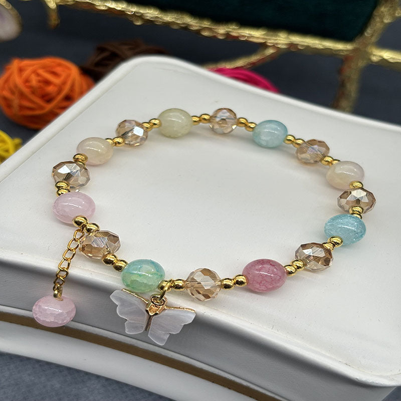 Korean-style Imitation Jade Crystal Bracelet With Butterfly And Flower Design