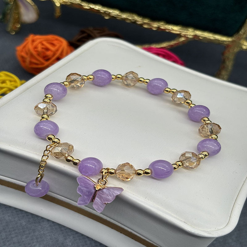 Korean-style Imitation Jade Crystal Bracelet With Butterfly And Flower Design