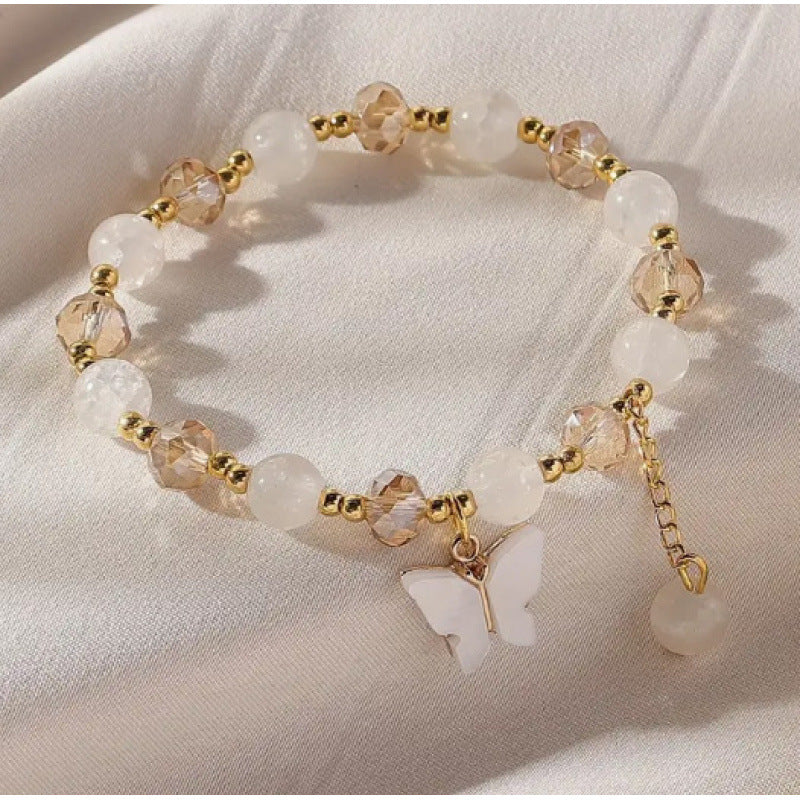 Korean-style Imitation Jade Crystal Bracelet With Butterfly And Flower Design