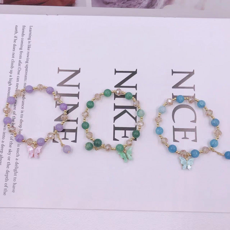 Korean-style Imitation Jade Crystal Bracelet With Butterfly And Flower Design