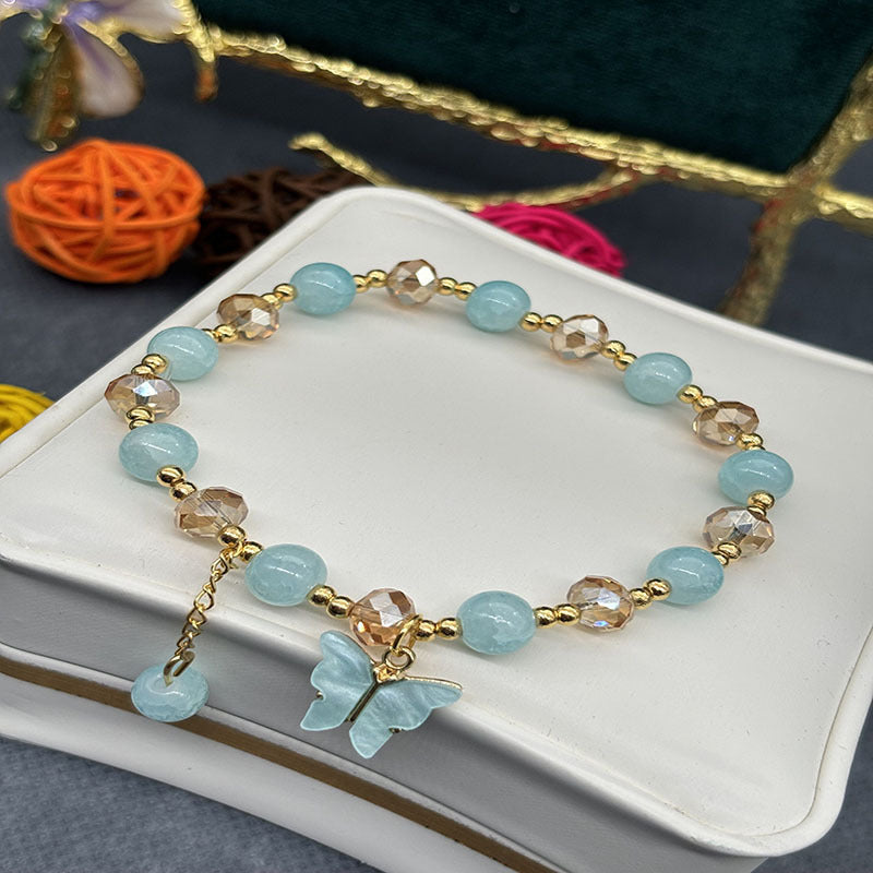 Korean-style Imitation Jade Crystal Bracelet With Butterfly And Flower Design