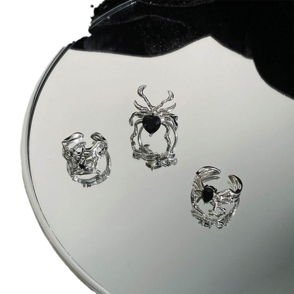 Dark Retro Black Gem Spider Ring Open Personality